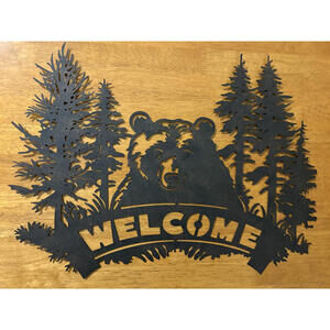 Bear Welcome Sign Metal Wall Art Rustic Cabin Lodge Decor Wildlife Silhouette